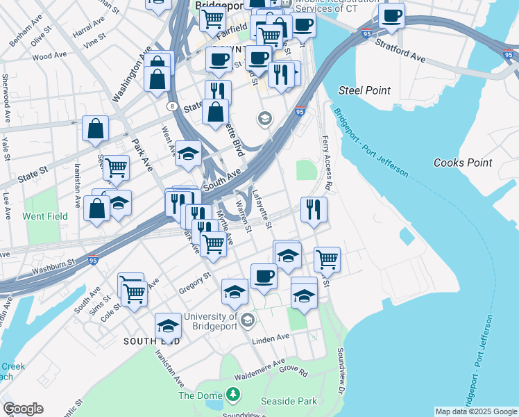 map of restaurants, bars, coffee shops, grocery stores, and more near 537 Lafayette Street in Bridgeport