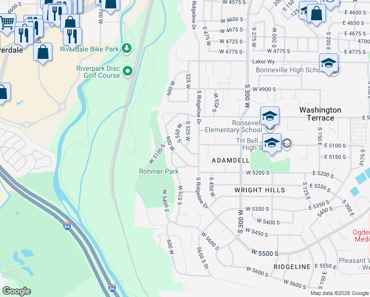 map of restaurants, bars, coffee shops, grocery stores, and more near 5117 South 550 West in Ogden
