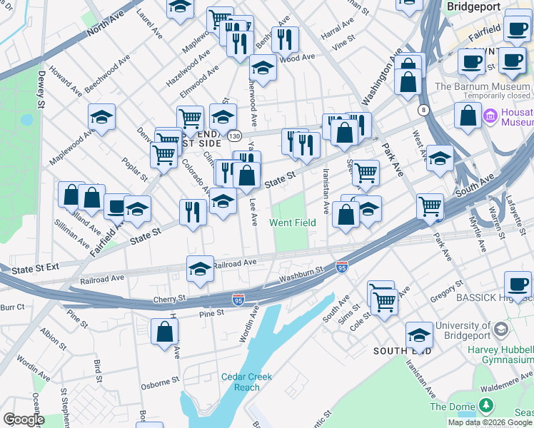 map of restaurants, bars, coffee shops, grocery stores, and more near 95 Wordin Avenue in Bridgeport