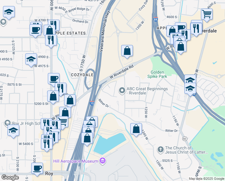 map of restaurants, bars, coffee shops, grocery stores, and more near 5165 1500 West in Riverdale