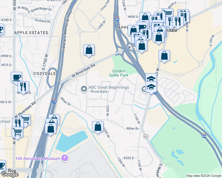 map of restaurants, bars, coffee shops, grocery stores, and more near 5135 1250 West in Ogden