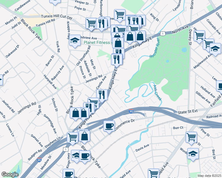 map of restaurants, bars, coffee shops, grocery stores, and more near 609 Kings Highway East in Fairfield