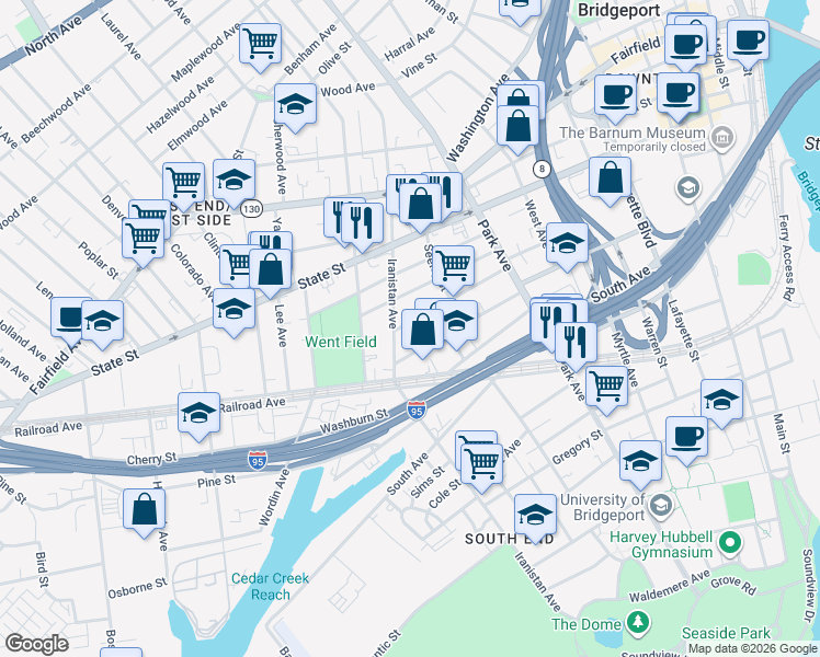 map of restaurants, bars, coffee shops, grocery stores, and more near 227 Lewis Street in Bridgeport