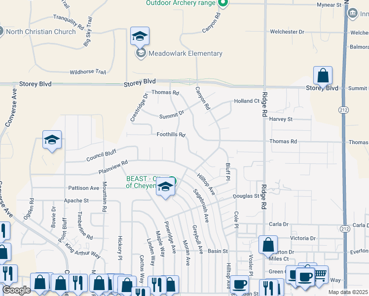 map of restaurants, bars, coffee shops, grocery stores, and more near 2841 Foothills Road in Cheyenne