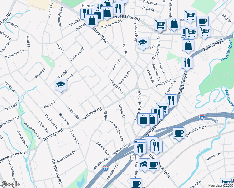 map of restaurants, bars, coffee shops, grocery stores, and more near 46 Renchy Street in Fairfield