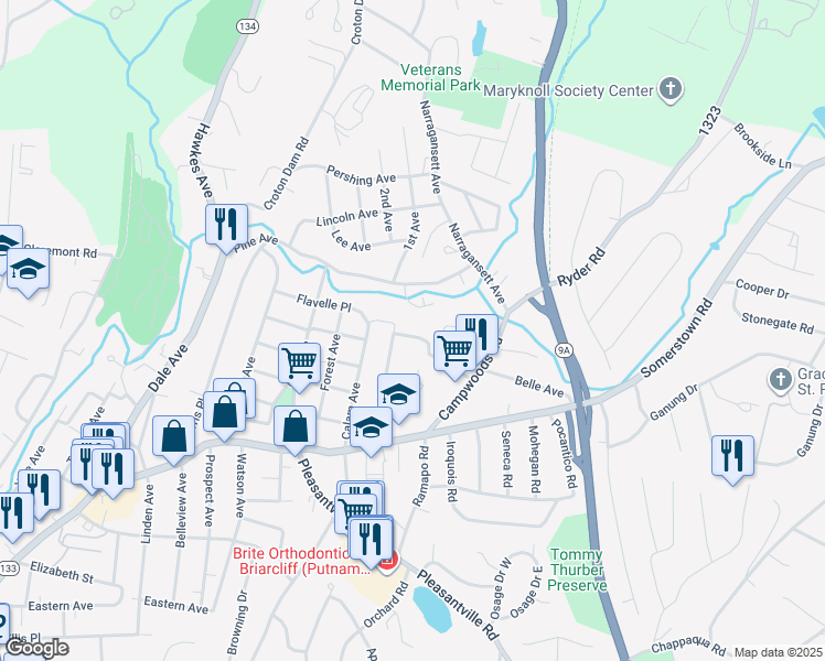 map of restaurants, bars, coffee shops, grocery stores, and more near 57 Stone Avenue in Ossining