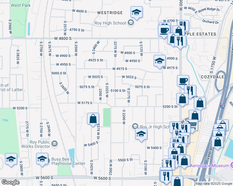 map of restaurants, bars, coffee shops, grocery stores, and more near 5120 2275 West Street in Roy
