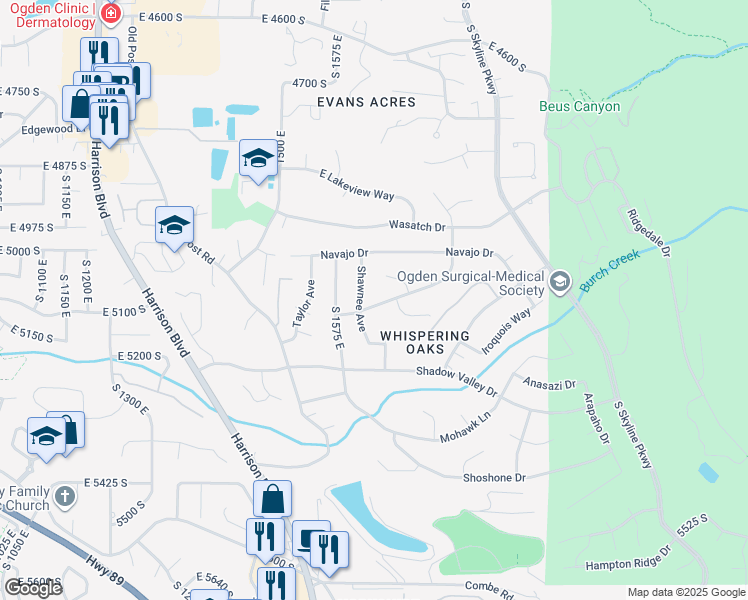 map of restaurants, bars, coffee shops, grocery stores, and more near 1636 Apache Way in Ogden