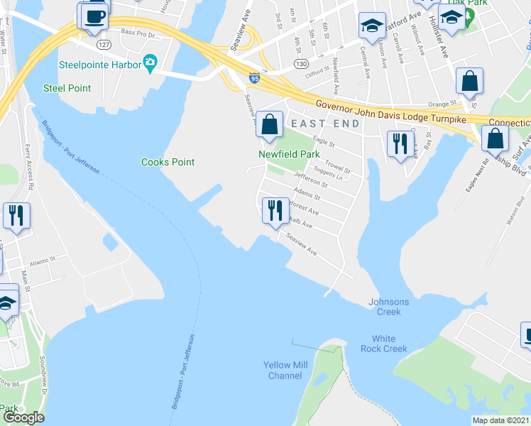 map of restaurants, bars, coffee shops, grocery stores, and more near 492 Seaview Avenue in Bridgeport