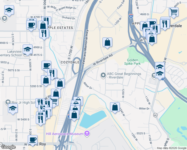 map of restaurants, bars, coffee shops, grocery stores, and more near 4334 Parker Drive in Ogden