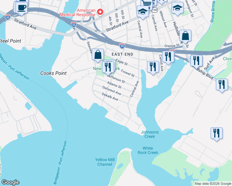 map of restaurants, bars, coffee shops, grocery stores, and more near 188 Deforest Avenue in Bridgeport