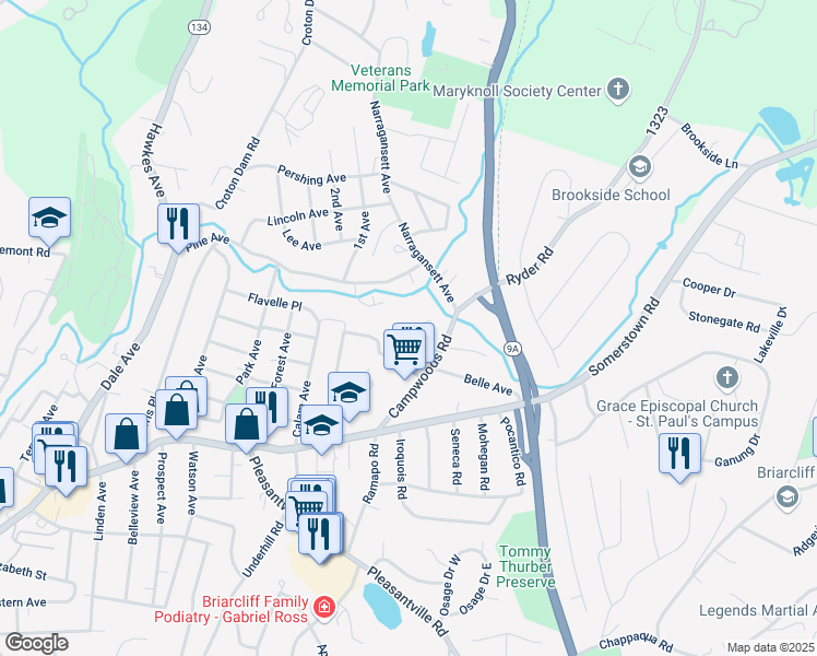 map of restaurants, bars, coffee shops, grocery stores, and more near 50 Campwoods Grounds in Ossining
