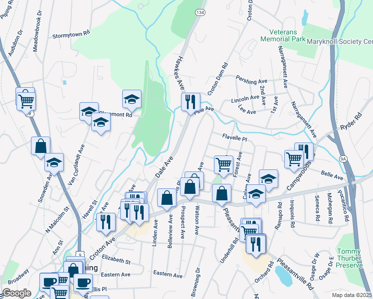 map of restaurants, bars, coffee shops, grocery stores, and more near 59 Ferris Place in Ossining