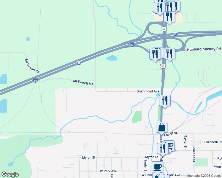 map of restaurants, bars, coffee shops, grocery stores, and more near 325 Drummond Avenue in Hubbard
