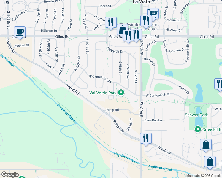 map of restaurants, bars, coffee shops, grocery stores, and more near 9827 West Centennial Road in La Vista