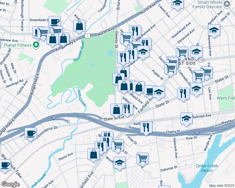 map of restaurants, bars, coffee shops, grocery stores, and more near 230 Dewey Street in Bridgeport