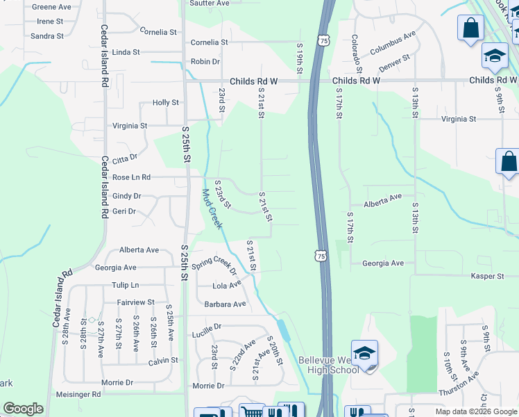 map of restaurants, bars, coffee shops, grocery stores, and more near 2030 Gindy Drive in Bellevue