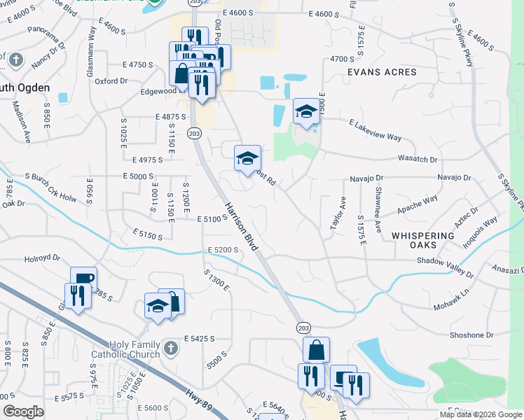 map of restaurants, bars, coffee shops, grocery stores, and more near 5079 Sunset Rdg in Ogden