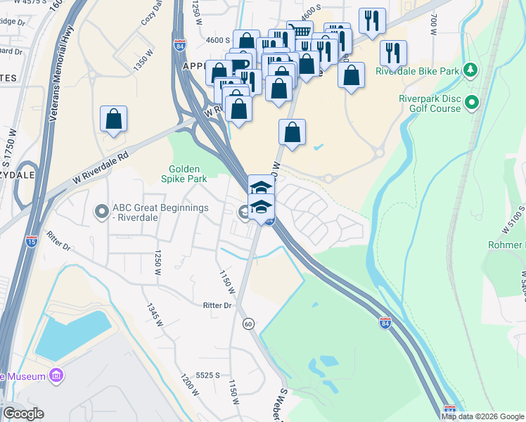 map of restaurants, bars, coffee shops, grocery stores, and more near 5101 South 1050 West in Riverdale