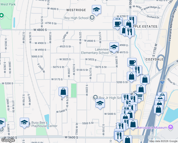 map of restaurants, bars, coffee shops, grocery stores, and more near 5121 South 2175 West in Roy