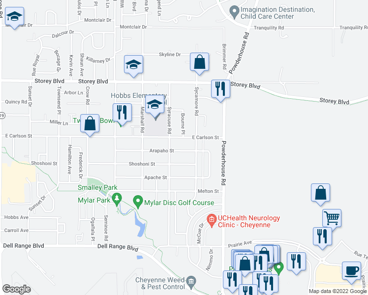 map of restaurants, bars, coffee shops, grocery stores, and more near 930 Arapaho Street in Cheyenne