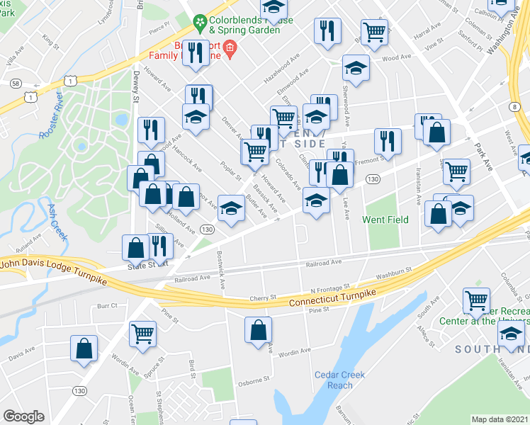 map of restaurants, bars, coffee shops, grocery stores, and more near 30 Butler Avenue in Bridgeport