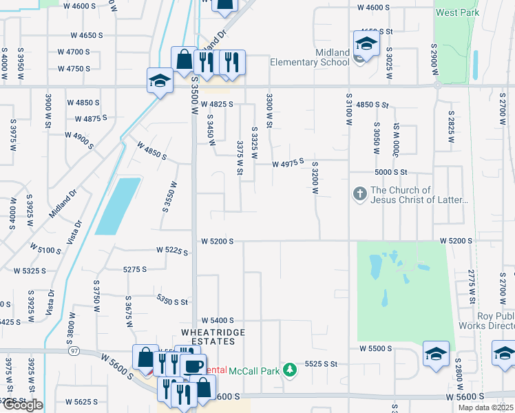 map of restaurants, bars, coffee shops, grocery stores, and more near 3344 West 5125 South Street in Roy