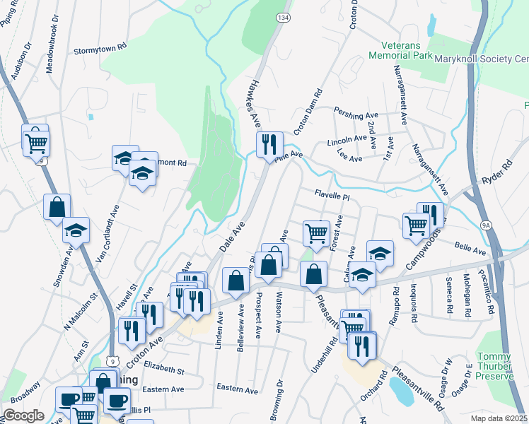 map of restaurants, bars, coffee shops, grocery stores, and more near 59 Ferris Place in Ossining