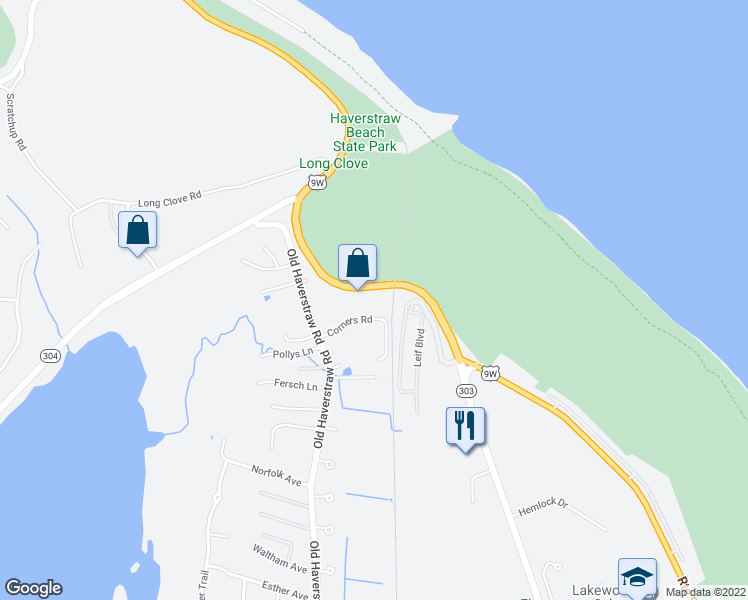 map of restaurants, bars, coffee shops, grocery stores, and more near 28 Corners Road in Congers