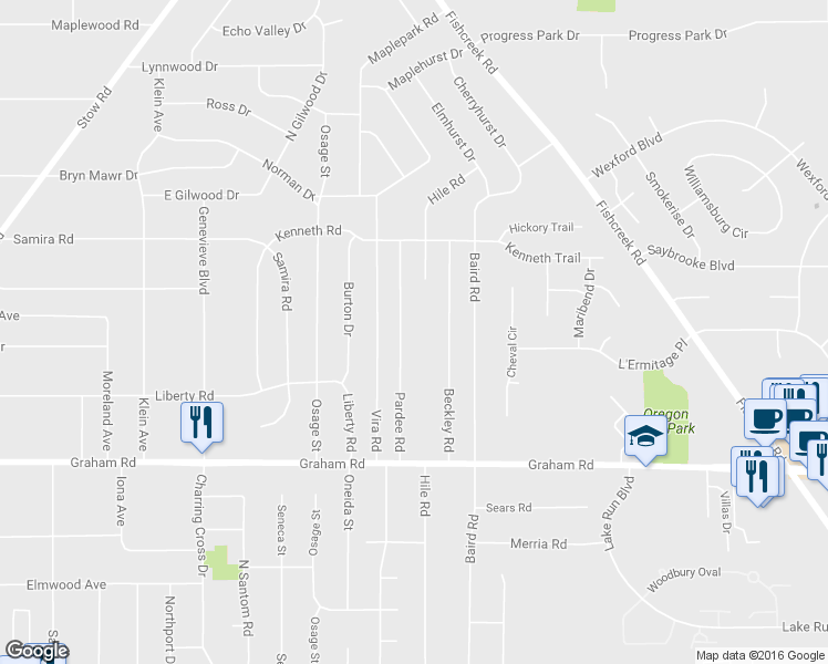 map of restaurants, bars, coffee shops, grocery stores, and more near 4111 Pardee Road in Stow