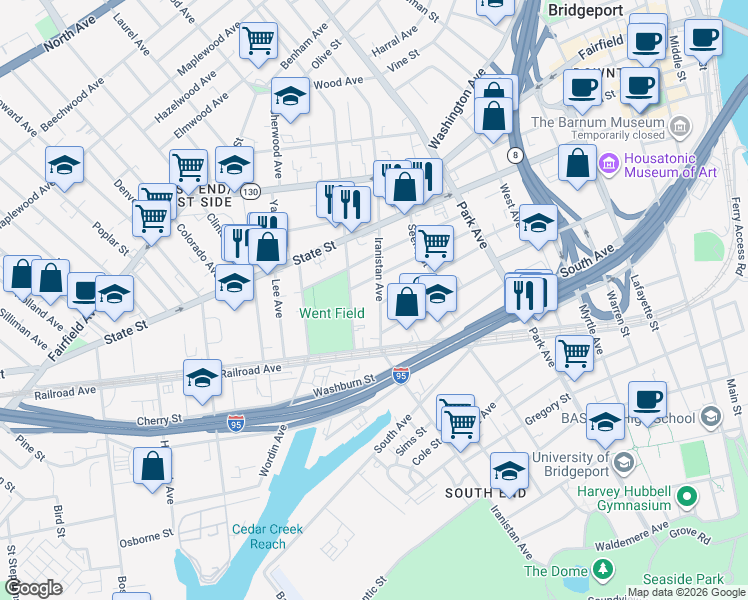 map of restaurants, bars, coffee shops, grocery stores, and more near 727 Iranistan Avenue in Bridgeport