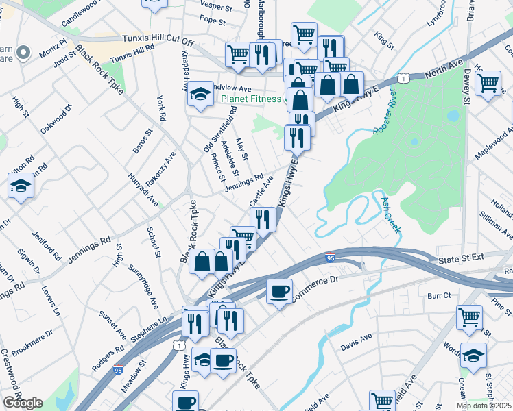 map of restaurants, bars, coffee shops, grocery stores, and more near 133 Castle Avenue in Fairfield