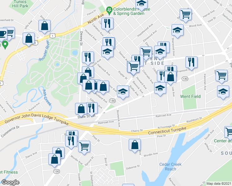 map of restaurants, bars, coffee shops, grocery stores, and more near 1644 Fairfield Avenue in Bridgeport