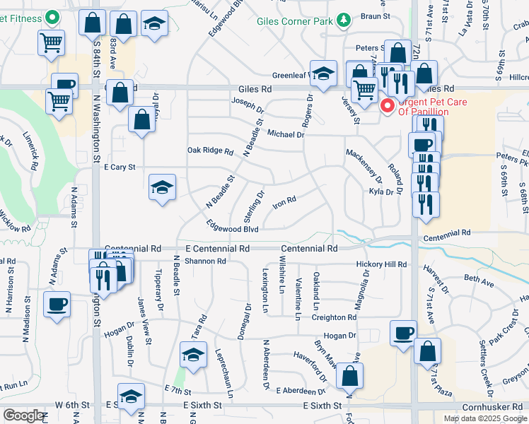 map of restaurants, bars, coffee shops, grocery stores, and more near 906 Iron Road in Papillion