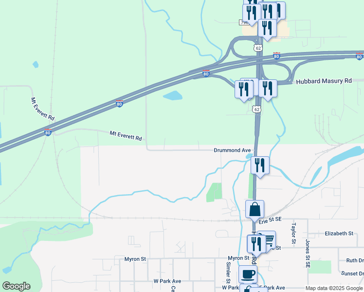 map of restaurants, bars, coffee shops, grocery stores, and more near 325 Drummond Avenue in Hubbard