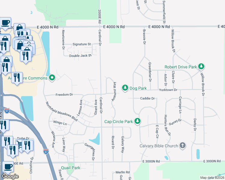 map of restaurants, bars, coffee shops, grocery stores, and more near 1605 Amhurst Way in Bourbonnais