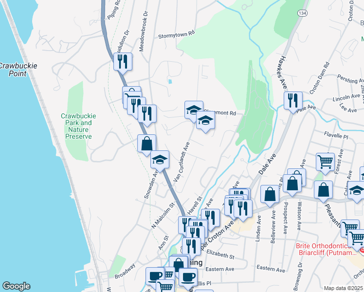 map of restaurants, bars, coffee shops, grocery stores, and more near 53 Van Cortlandt Avenue in Ossining
