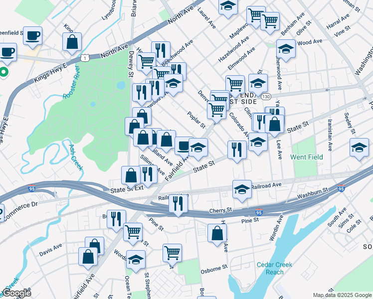map of restaurants, bars, coffee shops, grocery stores, and more near 1644 Fairfield Avenue in Bridgeport