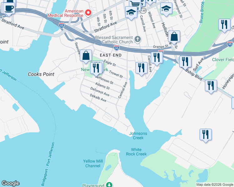 map of restaurants, bars, coffee shops, grocery stores, and more near 270 Adams Street in Bridgeport