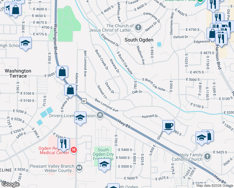 map of restaurants, bars, coffee shops, grocery stores, and more near 5137 Burch Creek Drive in South Ogden