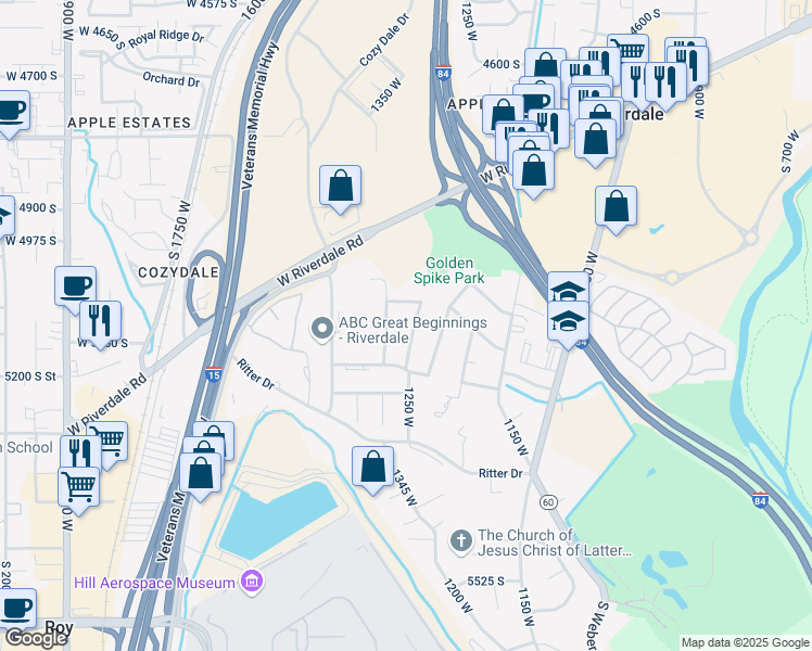 map of restaurants, bars, coffee shops, grocery stores, and more near 5135 1250 West in Ogden