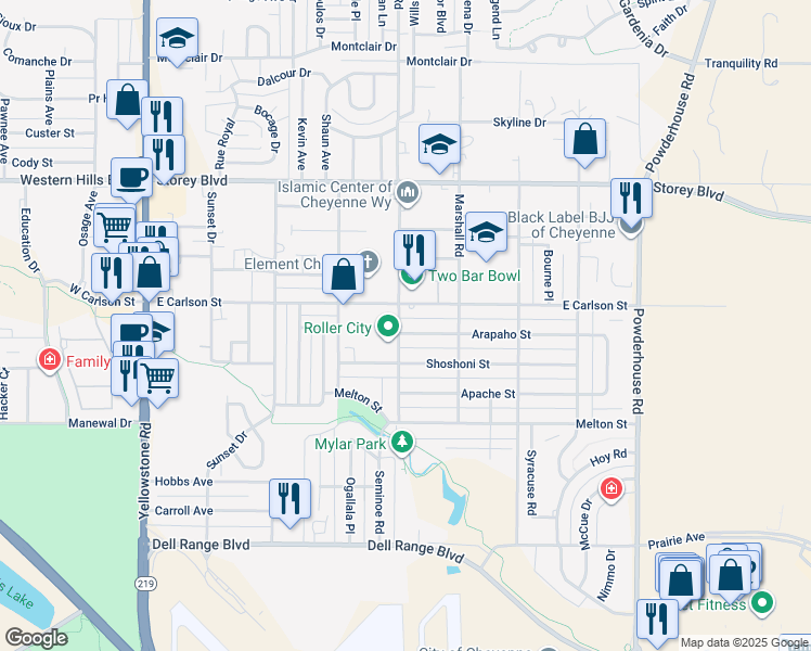 map of restaurants, bars, coffee shops, grocery stores, and more near 5603 Weaver Road in Cheyenne