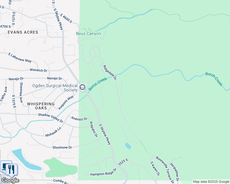 map of restaurants, bars, coffee shops, grocery stores, and more near 5083 South Ridgedale Drive in Ogden