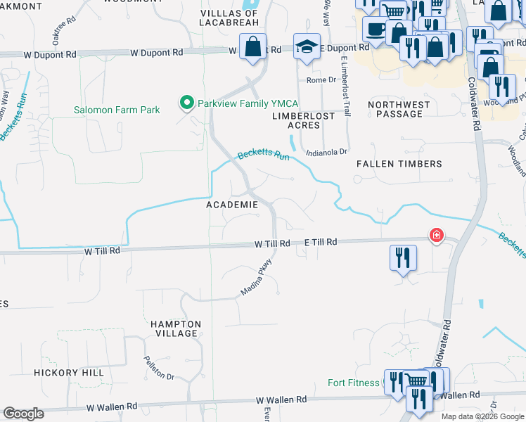 map of restaurants, bars, coffee shops, grocery stores, and more near 230 Fiddlers Cove in Fort Wayne
