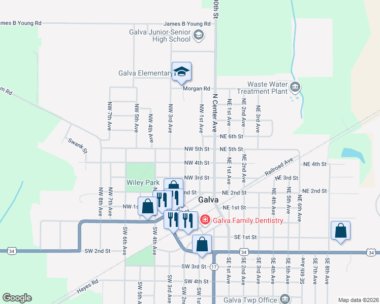 map of restaurants, bars, coffee shops, grocery stores, and more near 400-498 Northwest 1st Avenue in Galva