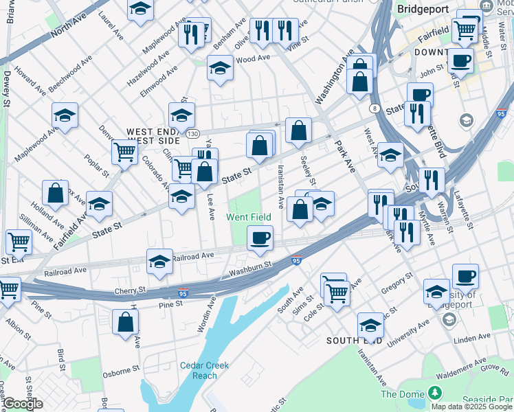 map of restaurants, bars, coffee shops, grocery stores, and more near 129 Norman Street in Bridgeport