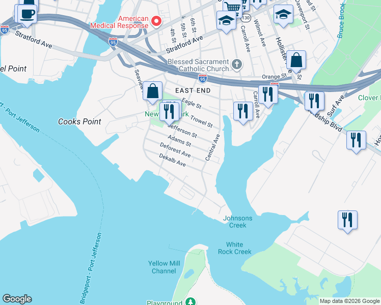 map of restaurants, bars, coffee shops, grocery stores, and more near 188 Deforest Avenue in Bridgeport