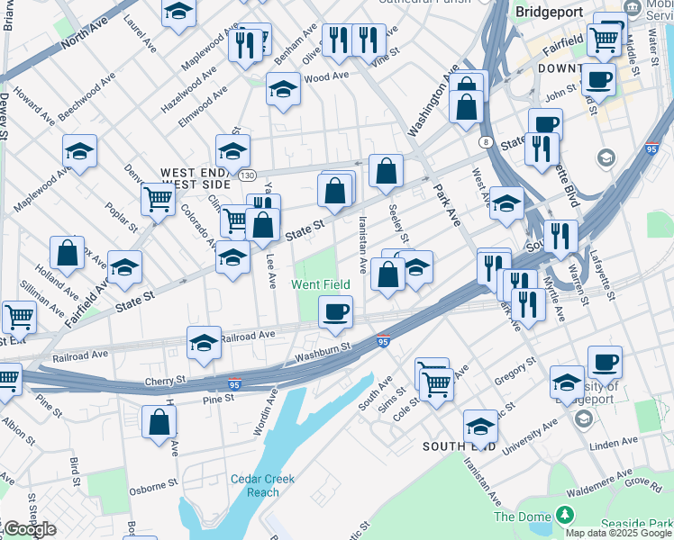 map of restaurants, bars, coffee shops, grocery stores, and more near 129 Norman Street in Bridgeport