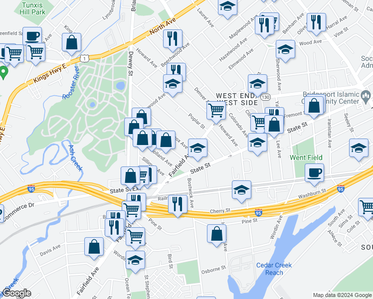 map of restaurants, bars, coffee shops, grocery stores, and more near 1644 Fairfield Avenue in Bridgeport