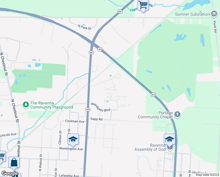 map of restaurants, bars, coffee shops, grocery stores, and more near 4514 Coe Road in Ravenna